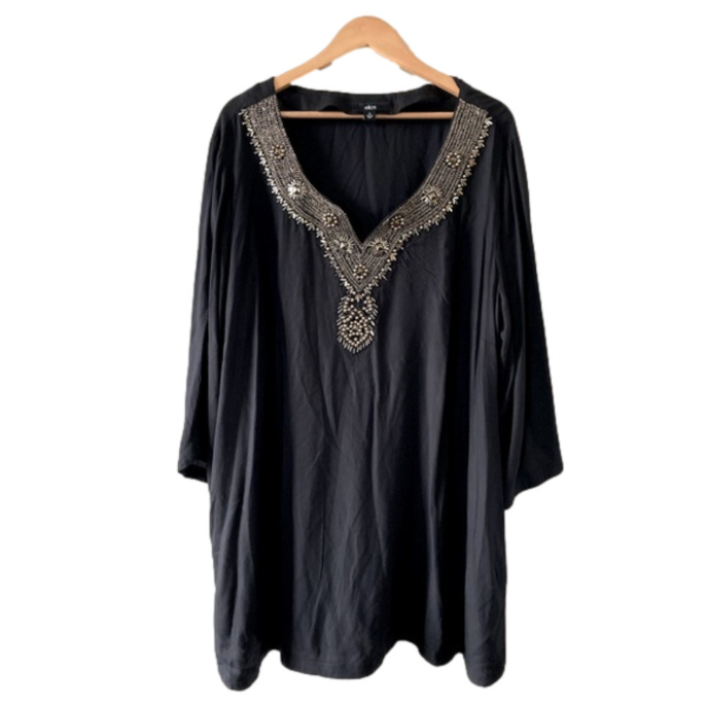 ELLOS beaded black Rayon blouse top 3/4 sleeves size 26